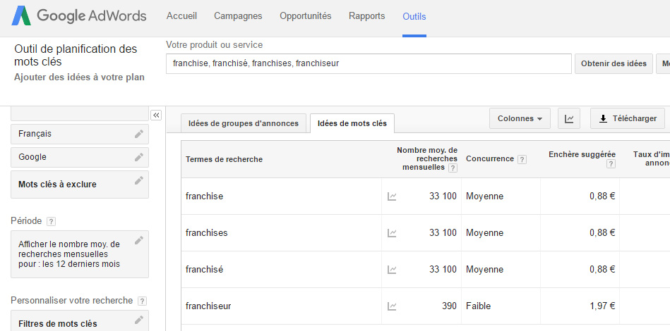 Google keyword outlet planner francais
