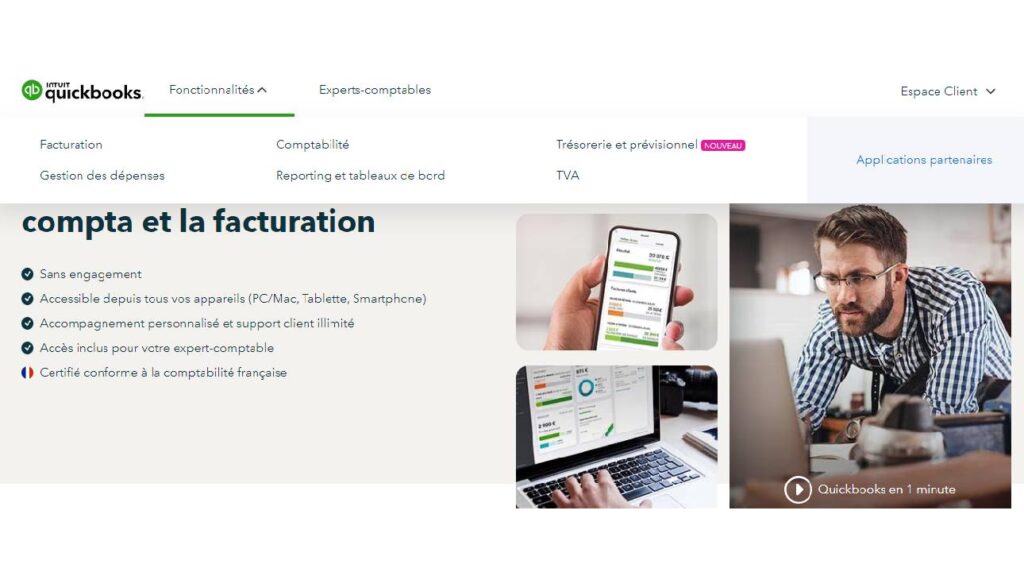 Page d'accueil du site internet Quickbooks