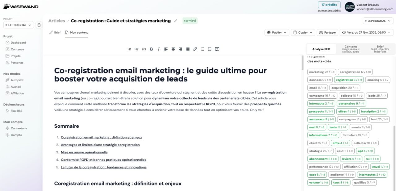 Aperçu de l'interface d'édition d'un article SEO généré avec Wisewand